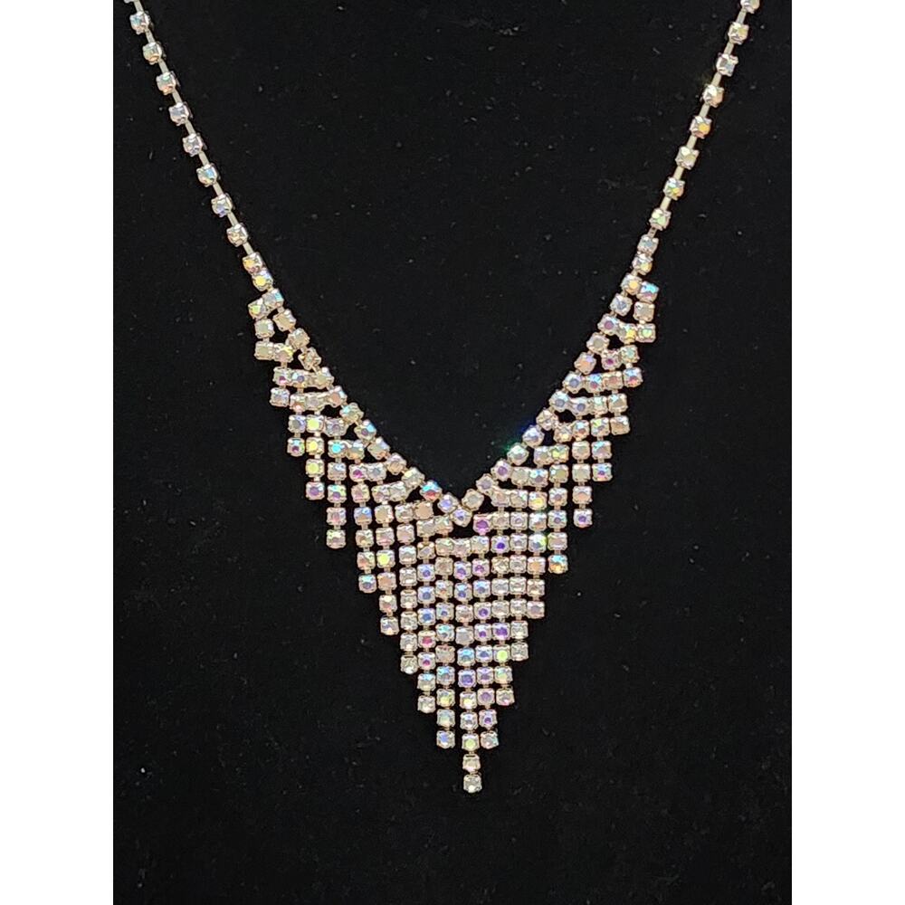Vintage V-Shaped Rhinestone Necklace, Aurora Borealis Color, Formal Jewelry